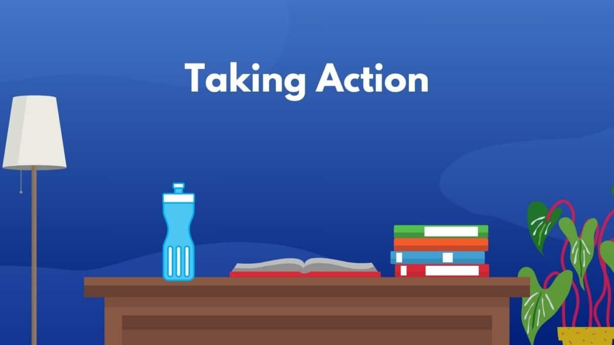 A desk with books and a bottle of water, inspiring you to take action.
